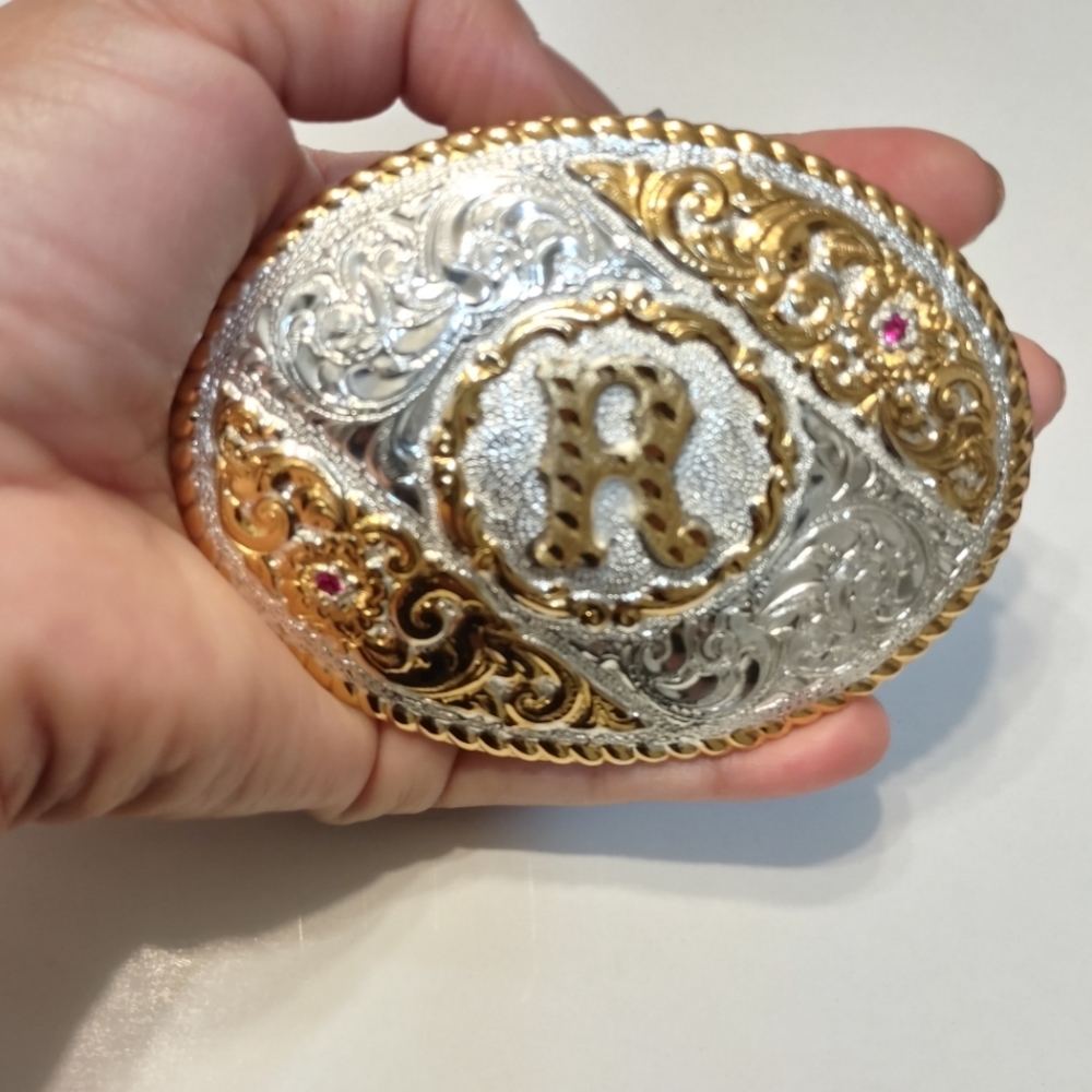 Crumrine Gold and Silversmiths Western Tradition Buckle Belt ingraving Inicial R